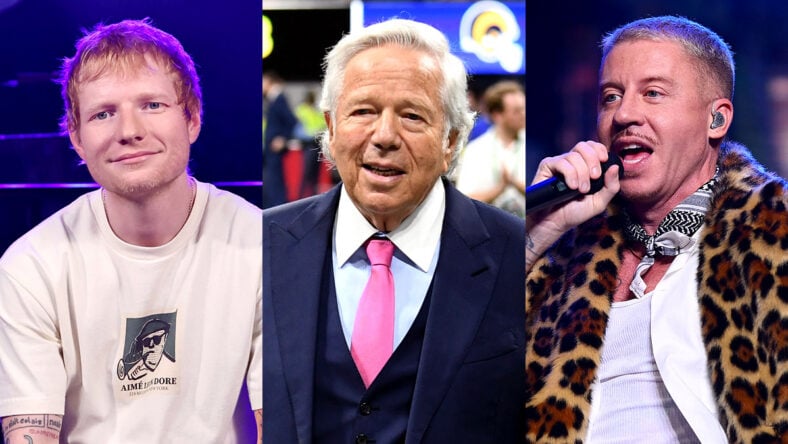 Ed Sheeran, Robert Kraft, and Macklemore stock photos stitched together