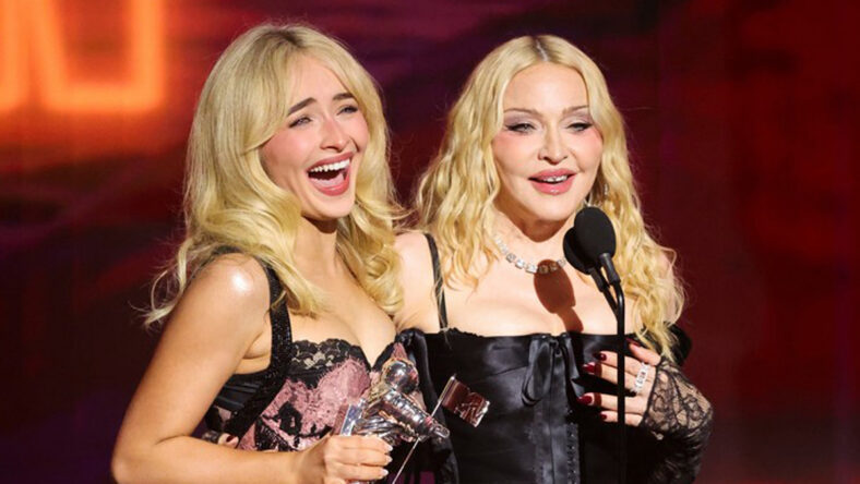 Sabrina Carpenter and Madonna onstage at the VMAs