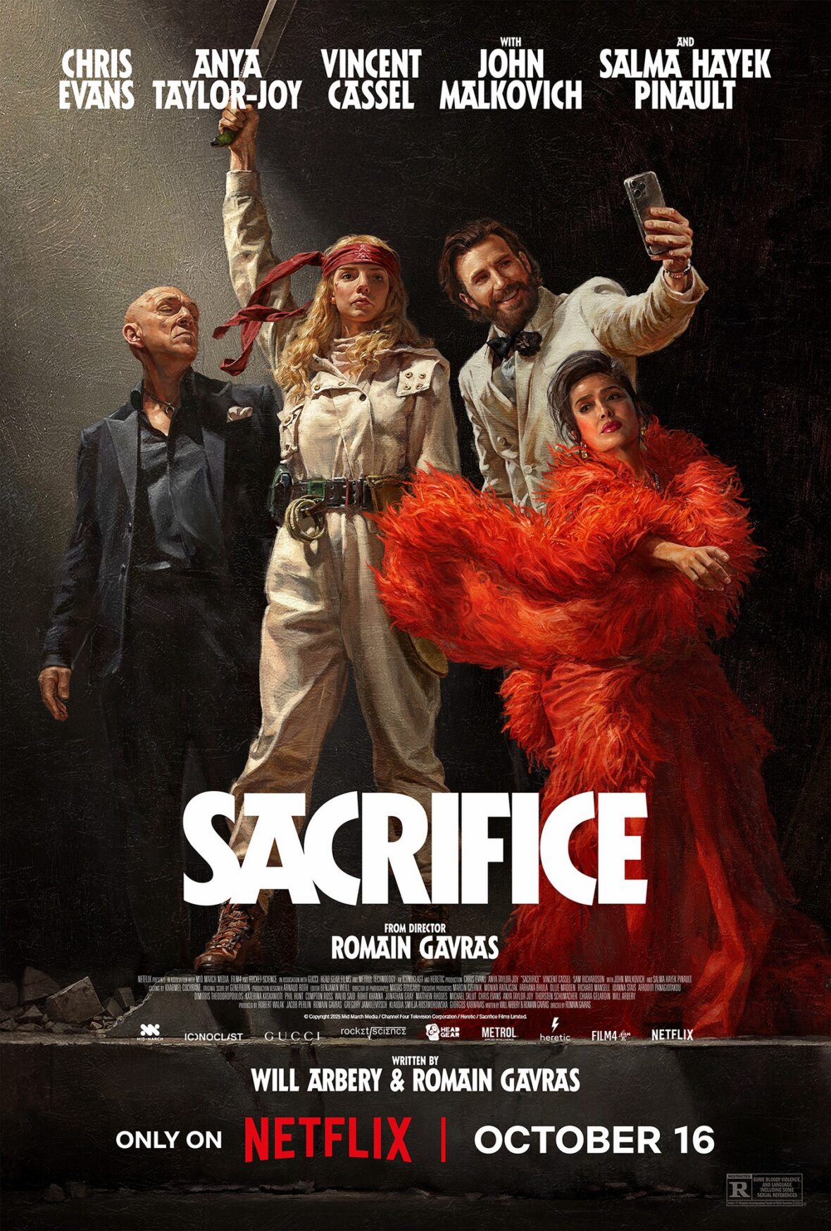 Chris Evans, Anya Taylor Joy, Salma hayek and Vincent Cassel featured on Sacrifice key art