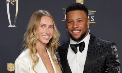 Saquon Barkley and fiancee Anna Congdon stock image