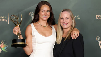 Shailene Woodley poses with her trophy and her mom at the Creative Arts Emmys night two