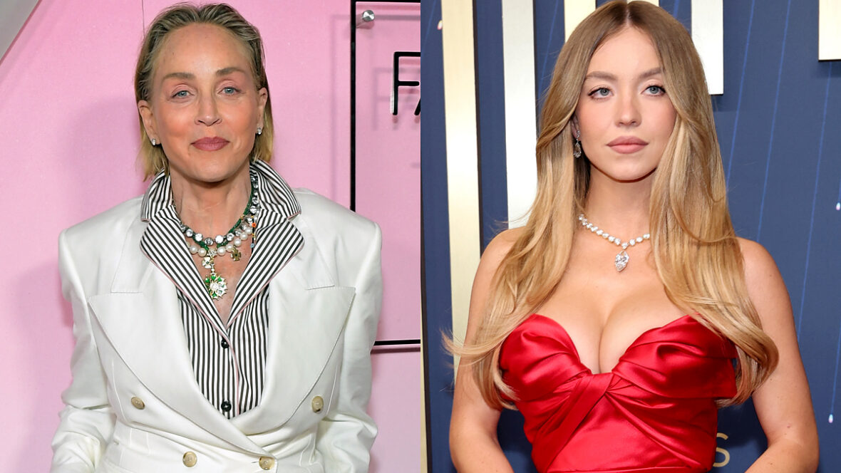 Side by side photo of Sharon Stone on the left and Sydney Sweeney on the right.