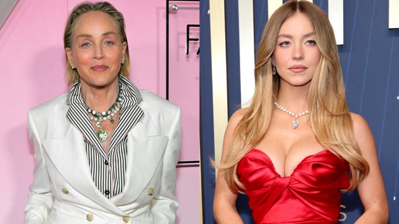Side by side photo of Sharon Stone on the left and Sydney Sweeney on the right.