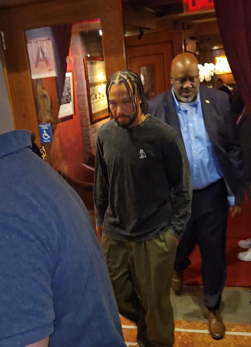 Jalen Brunson and SNL cast members exit a restaurant on September 23 in NYC