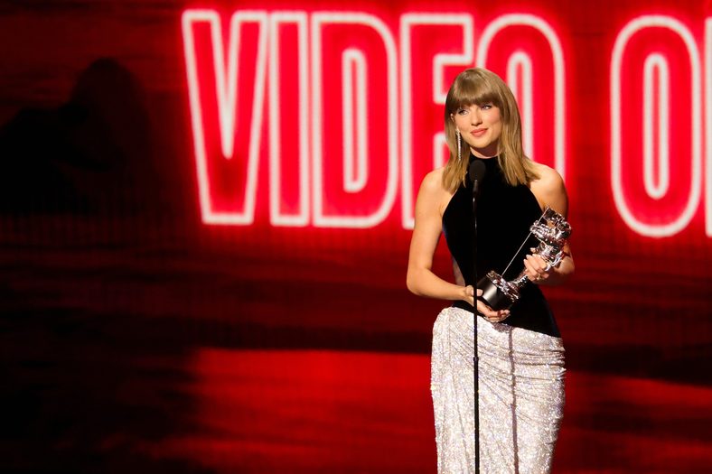 Taylor Swift speaks on stage at the 2026 MTV VMAs