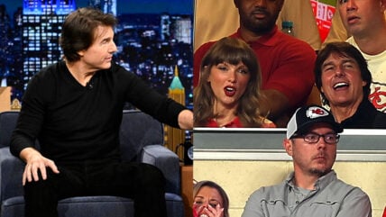 Tom Cruise sitting on Fallon's couch in a composite photo with Tom Cruise with Taylor Swift at Chiefs game