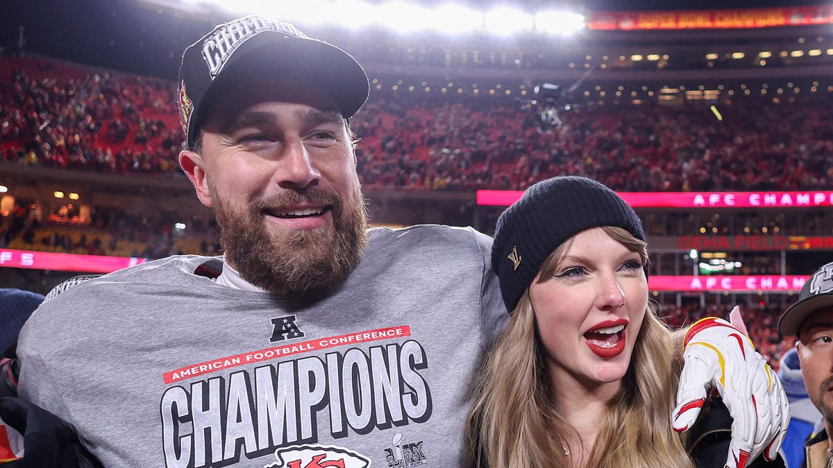 travis-kelce-cleveland Travis Kelce and Taylor Swift on the NFL field in 2024