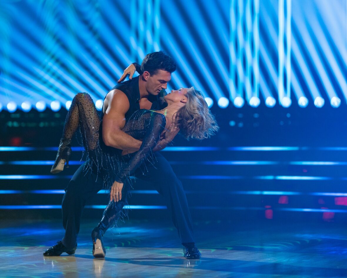 Tyler Cameron (shirtless) and Sharna Burgess dancing during DWTS September 22 episode