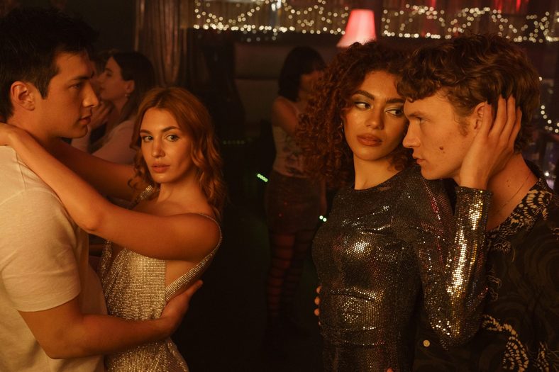 Promotional photo of Hudson Williams, Sophie Nelisse, Ksenia Daniela Kharlamova and Connor Storrie in Heated Rivalry season one