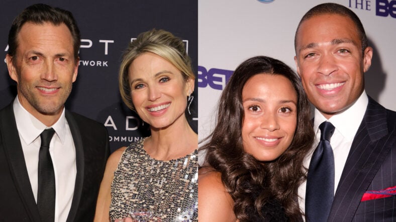 Andrew Shue with Amy Robach in an appearance in 2022 on the left, TJ Holmes and Marilee Feibig in an appearance on the right