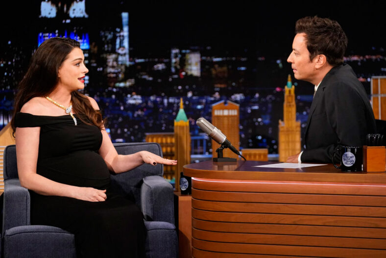 Anne Hathaway speaking to Jimmy Fallon during her Tonight Show appearance on September 30