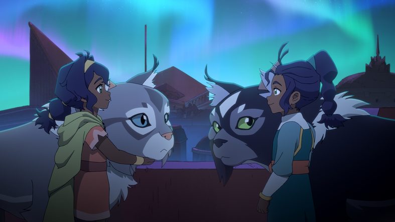 Saheli Khan as Pavi, Dee Bradley Baker as Geet/Ruhi, and Aishwarya "Aishu" Devan as Nisha in Avatar: Seven Havens, episode 2, season 1