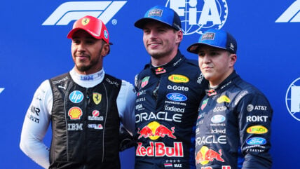 Lewis Hamilton, Max Verstappen, Isack Hadjar pose after qualifying at Bahrain Grand Prix in Malaysia