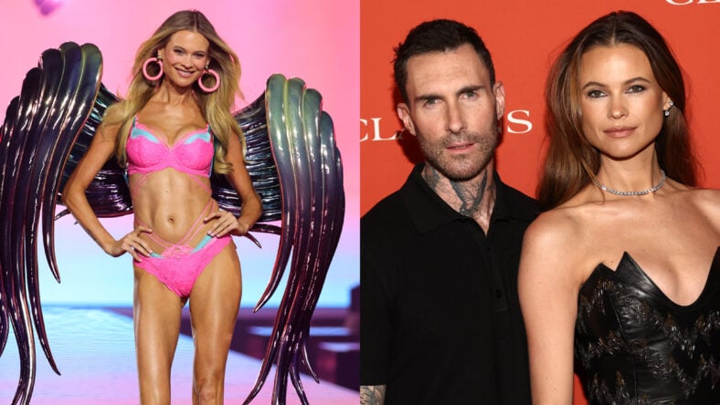 Behati Prinsloo on the Victoria's Secret Fashion Show runway in 2026 next to a stock image of her with Adam Levine in 2026