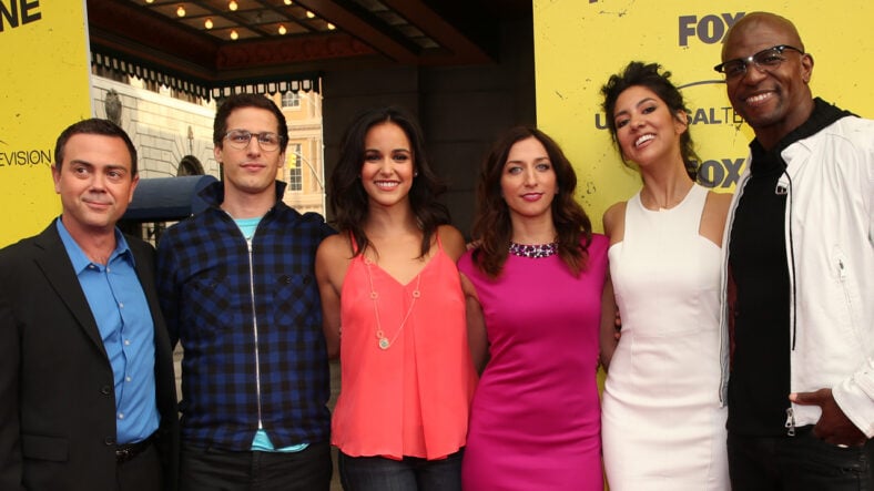 Joe Lo Truglio, Andy Samberg, Melissa Fumero, Chelsea Peretti, Stephanie Beatriz and Terry Crews attend the "Brooklyn Nine-Nine" steak-out block party and special screening