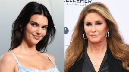 Stock image of Kendall Jenner (on the left) in a light blue tank dress against a grey background. She's smiling and looking off to the side. On the right, Caitlyn Jenner has her long hair down over a black shirt with a white background