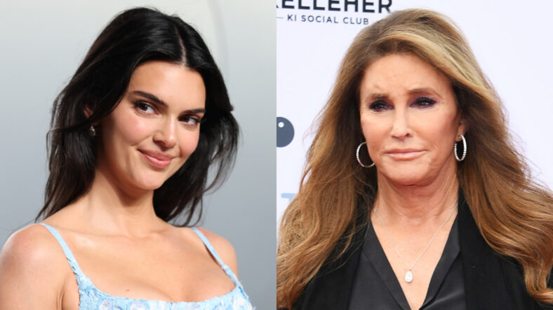 Stock image of Kendall Jenner (on the left) in a light blue tank dress against a grey background. She's smiling and looking off to the side. On the right, Caitlyn Jenner has her long hair down over a black shirt with a white background