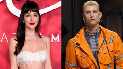 Side-by-side composite photo showing Dakota Johnson smiling in a sparkling silver crop top on the left, and Machine Gun Kelly in a bright orange safety jacket on the right.