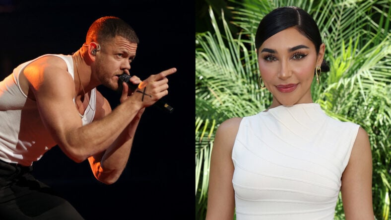 Dan Reynolds on stage performing on the left, Chantel Jeffries on the right in a 2026 stock appearance