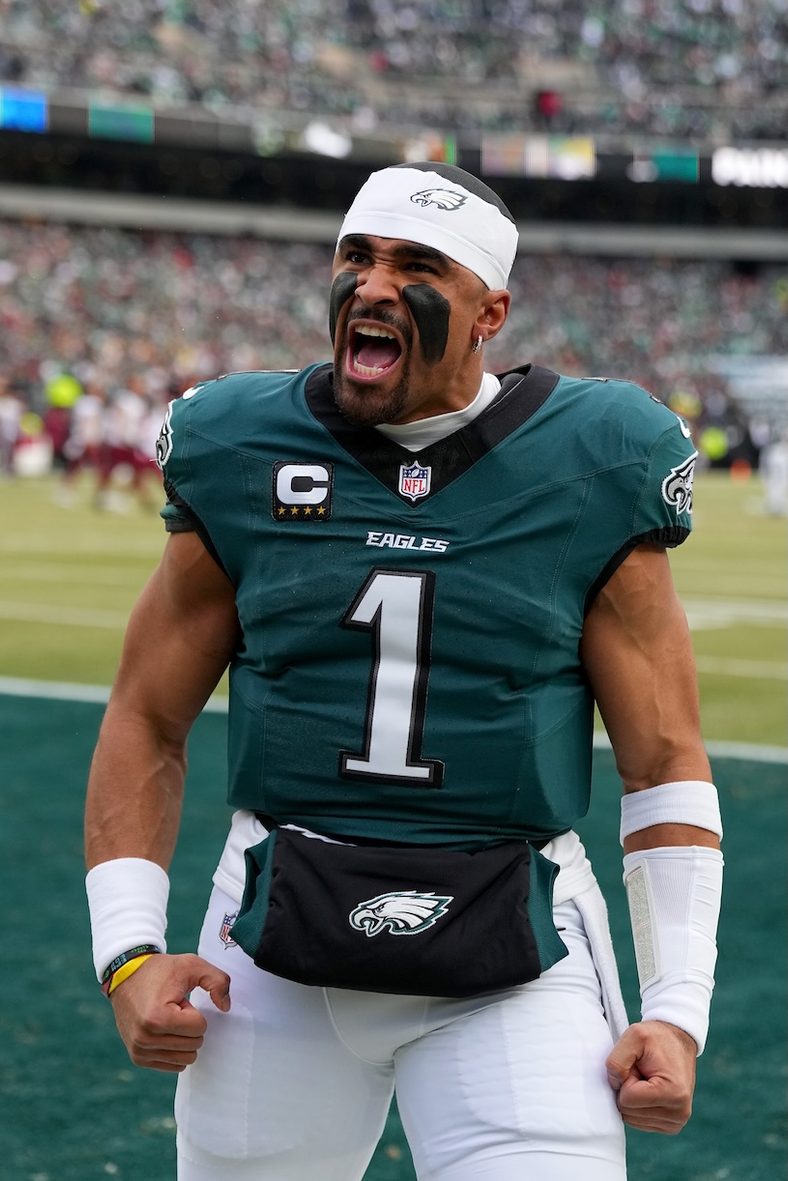 Jalen Hurts #1 of the Philadelphia Eagles reacts in the end zone prior to the NFC Championship Game against the Washington Commanders