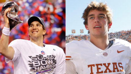 Eli Manning lifting the Lombardi Trophy on the left, and Arch Manning on the Texas field on the right