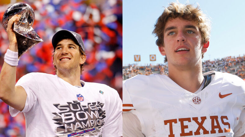 Eli Manning lifting the Lombardi Trophy on the left, and Arch Manning on the Texas field on the right