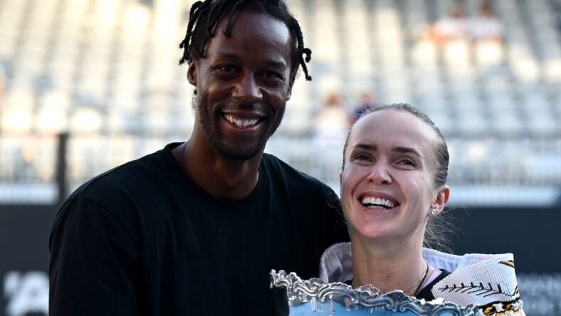 Elina Svitolina of the Ukraine celebrates with husband Gael Monfils after winning the women's final against Xinyu Wang of China during day 7 of the 2025 ASB Classic at ASB Tennis Centre on January 11, 2026 in Auckland, New Zealand