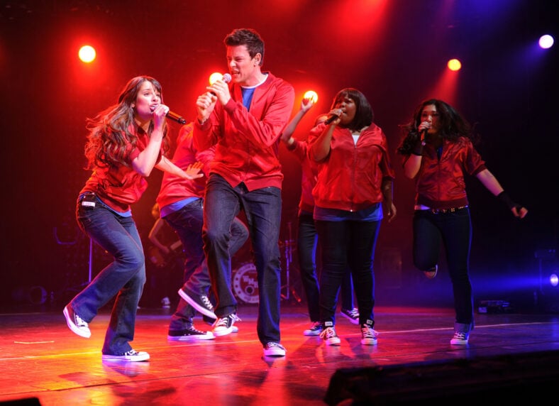 Glee cast performing at an early 2010s event