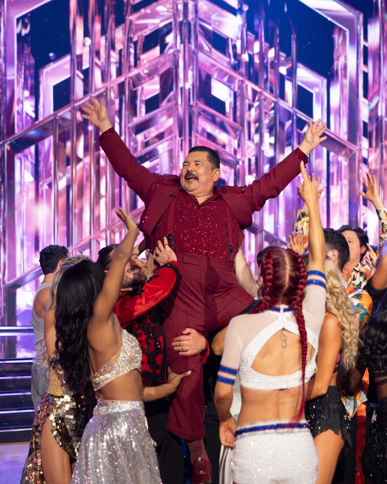 Guillermo Rodriguez gets lifted in the air after his elimination on DWTS' Super Bowl Night