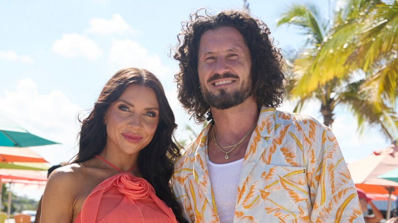 Val Chmerkovskiy and Jenna Johnson pose on the RJ Decker set