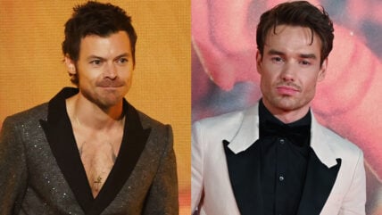 A side-by-side composite photo featuring a close-up of Harry Styles in a dark, textured blazer on the left and Liam Payne in a white tuxedo jacket with a black bow tie on the right.