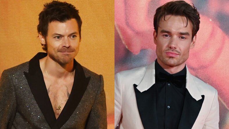 A side-by-side composite photo featuring a close-up of Harry Styles in a dark, textured blazer on the left and Liam Payne in a white tuxedo jacket with a black bow tie on the right.