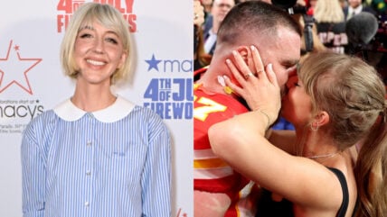 Composite of Heidi Gardner and Taylor Swift and Travis Kelce sharing a kiss at a game.