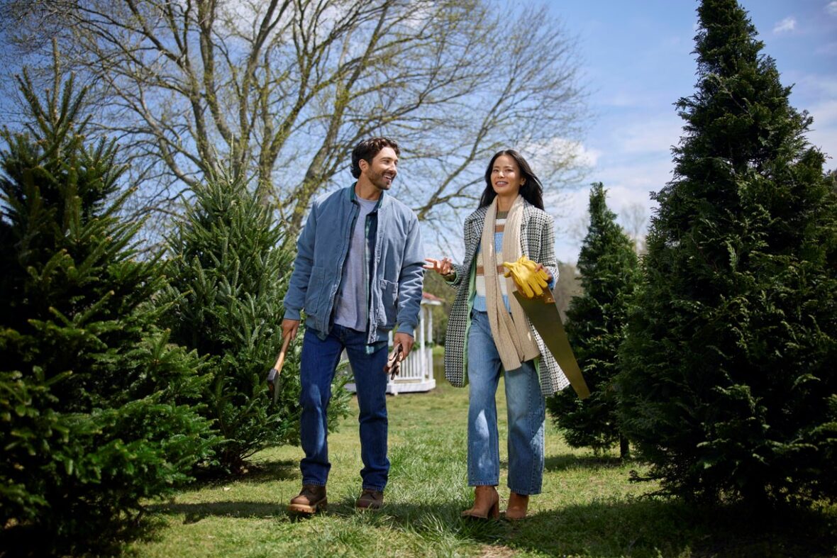The Holiday Spark on Roku movie stills with Joey Graziadei and Jamie Chung