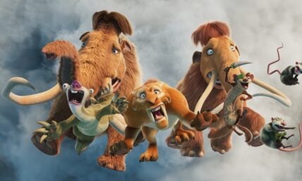 Sid (voiced by John Leguizamo), Manny (voiced by Ray Romano), Diego (voiced by Denis Leary), Ellie (voiced by Queen Latifah), Buck (voiced by Simon Pegg), Crash and Eddie in ICE AGE: BOILING POINT.