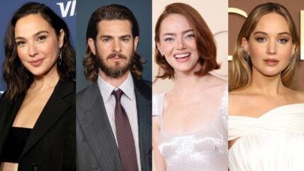 Stock image featuring red carpet photos of Gal Gadot, Andrew Garfield, Emma Stone, and Jennifer Lawrence