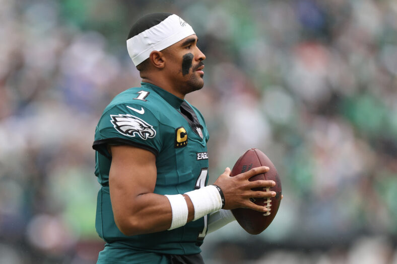 Jalen Hurts on the field during a football game in the fall of 2026