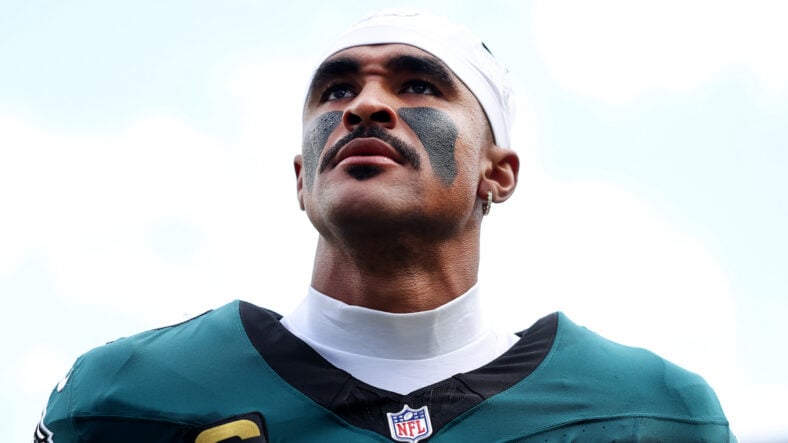 Jalen Hurts on the field during a football game in the fall of 2026