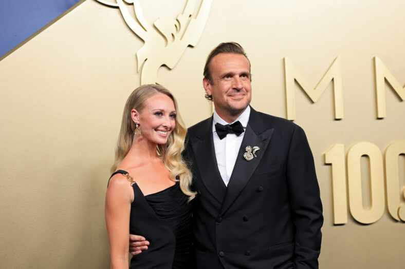 Kayla Radomski and Jason Segel attend the 78th Primetime Emmy Awards at Peacock Theater on September 14, 2026 in Los Angeles, California.
