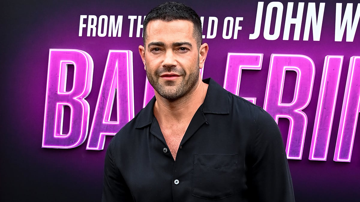 Jesse Metcalfe in a black button-up shirt at the Ballerina premiere.