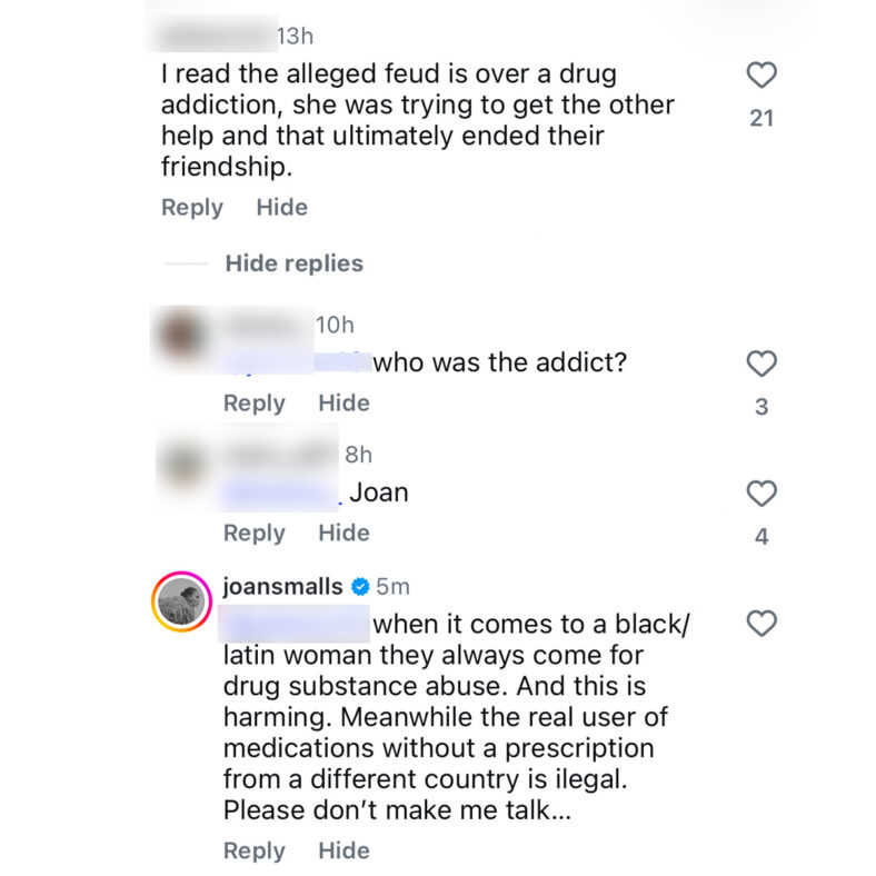 Joan Smalls Instagram comment screen grab from Just Jared's Instagram