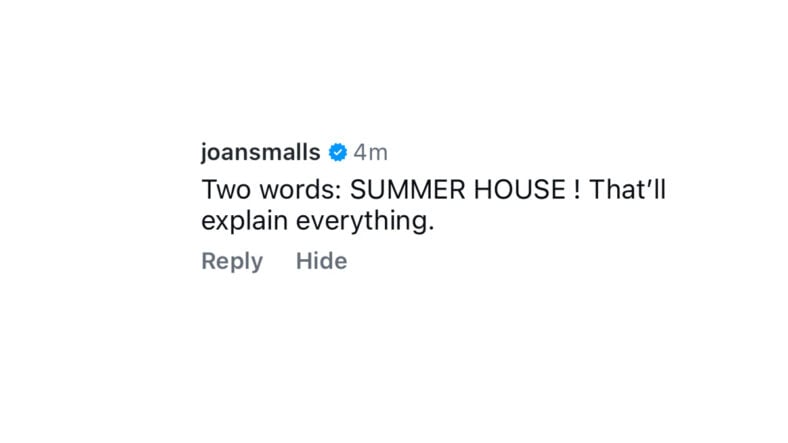 Joan Smalls Instagram screen grab comment about Summer House