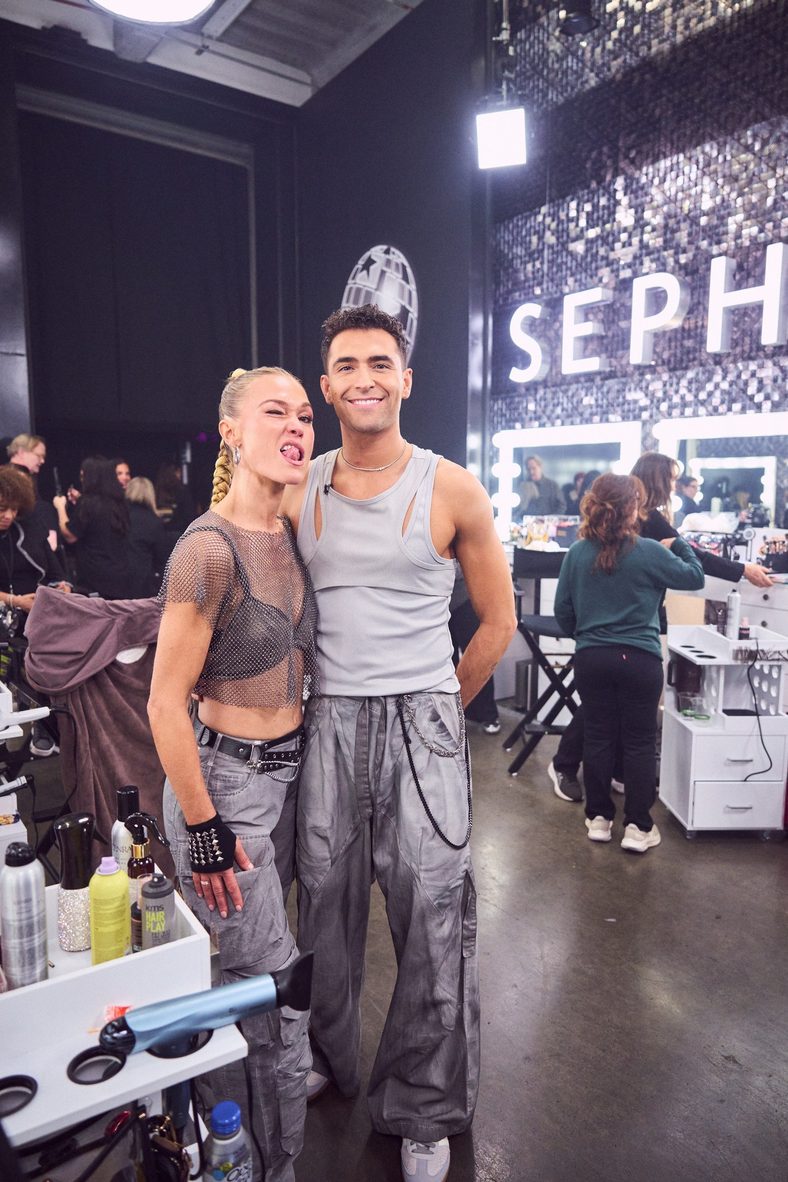 Julia Stiles and Ezra Sosa pose backstage at DWTS Super Bowl Night