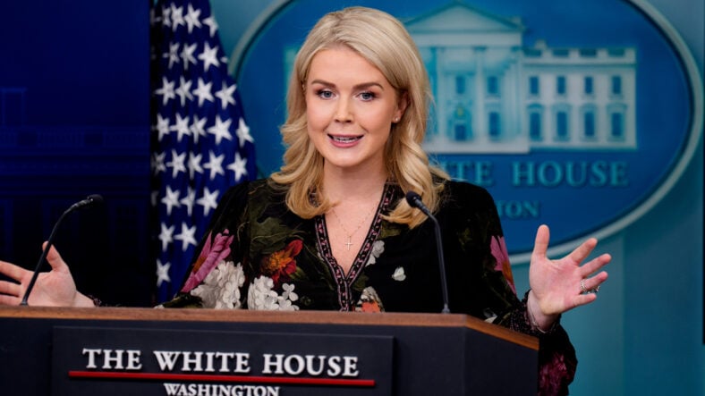 Karoline Leavitt speaks during the daily press briefing in the Brady Press Briefing Room at the White House on November 4, 2025 in Washington, DC.