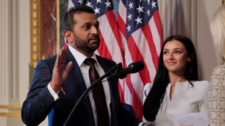ttorney General Pam Bondi swears in the new Federal Bureau of Investigation Director Kash Patel as his girlfriend Alexis Wilkins holds the Bhagavad Gita