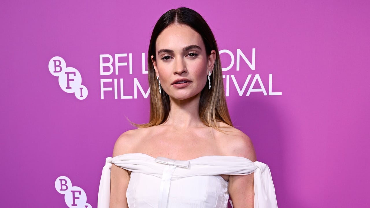 Lily James Stuns In Off-the-Shoulder Velvet Dress to 'The Liberation' Premiere at BFI London Film Festival