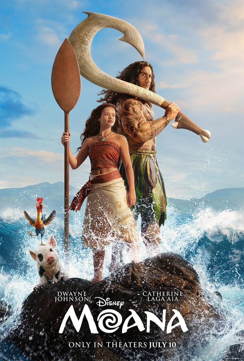 Catherine Laga'aia and Dwayne Johnson on the live-action Moana poster