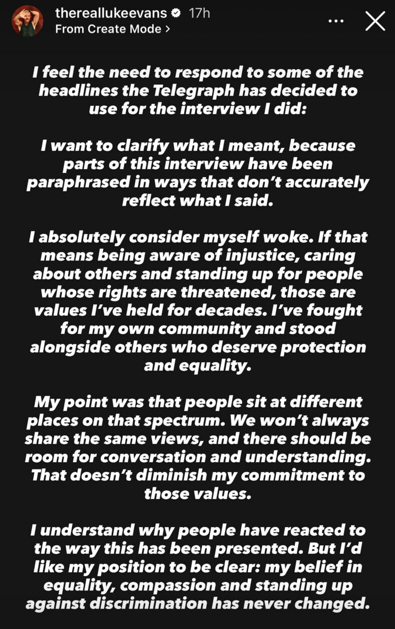 Luke Evans' Instagram Story statement