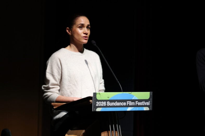Meghan Markle speaking at a podium at the Sundance Film Festival in 2026