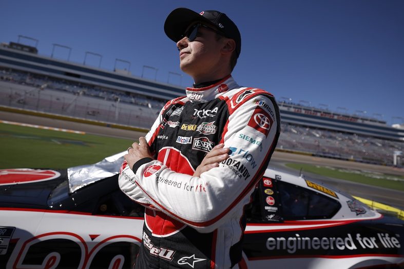 Christopher Bell, driver of the #20 Rheem Toyota, looks on during qualifying for the NASCAR Cup Series South Point 400 at Las Vegas Motor Speedway on October 03